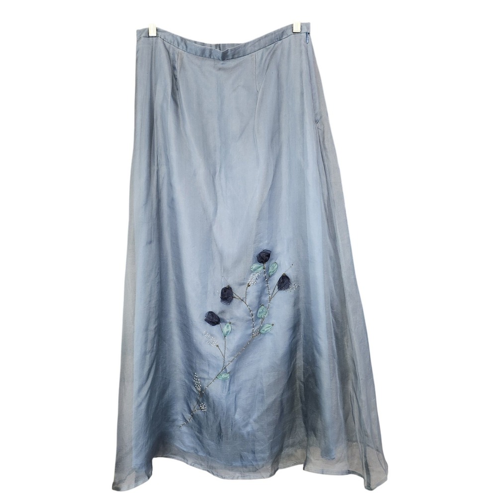 Eagle's Eye Womens Blue 100% Silk Floral Embroidered Beaded Maxi Skirt Size 16